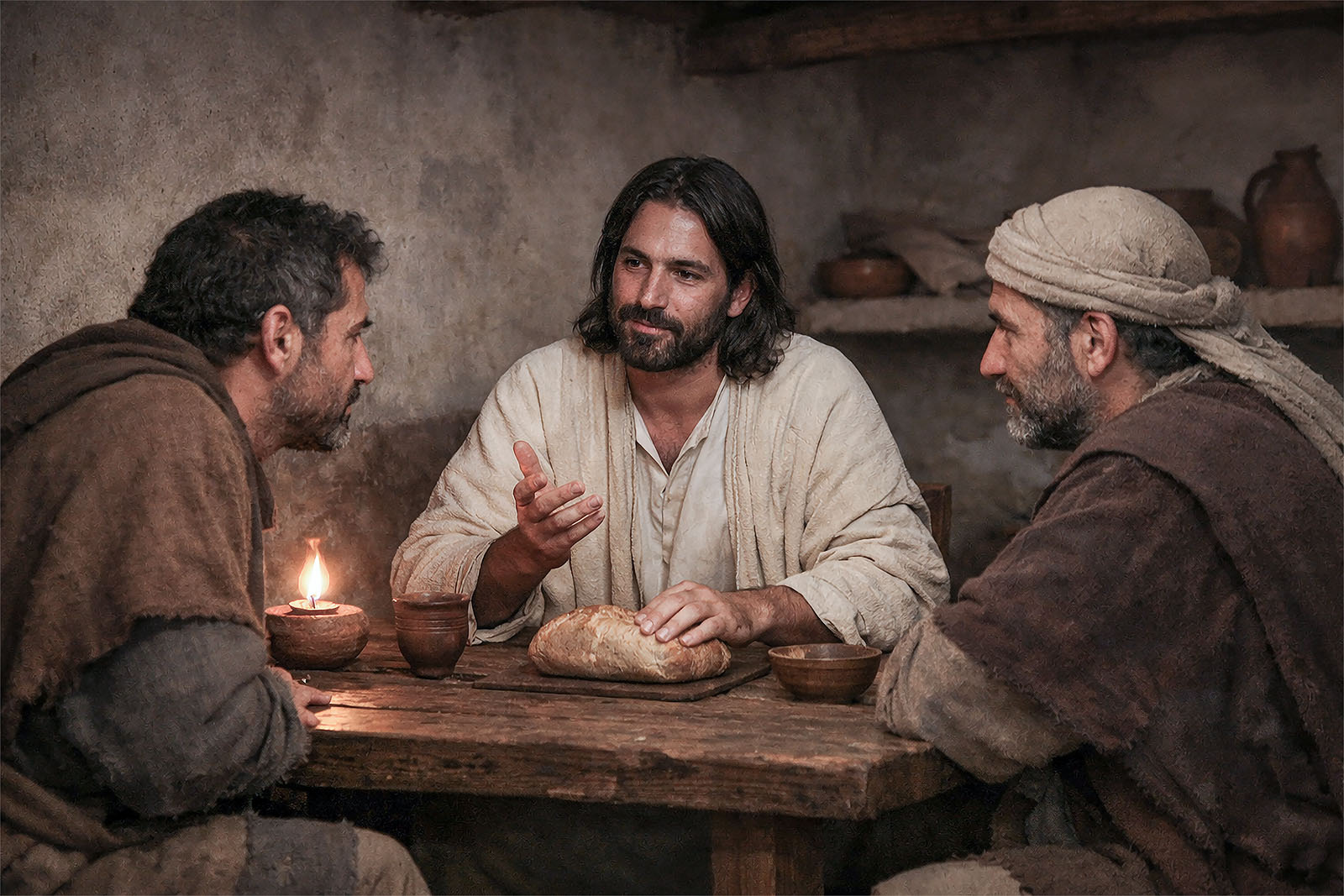 Jesus sits at a table with the two disciples from Emmaus